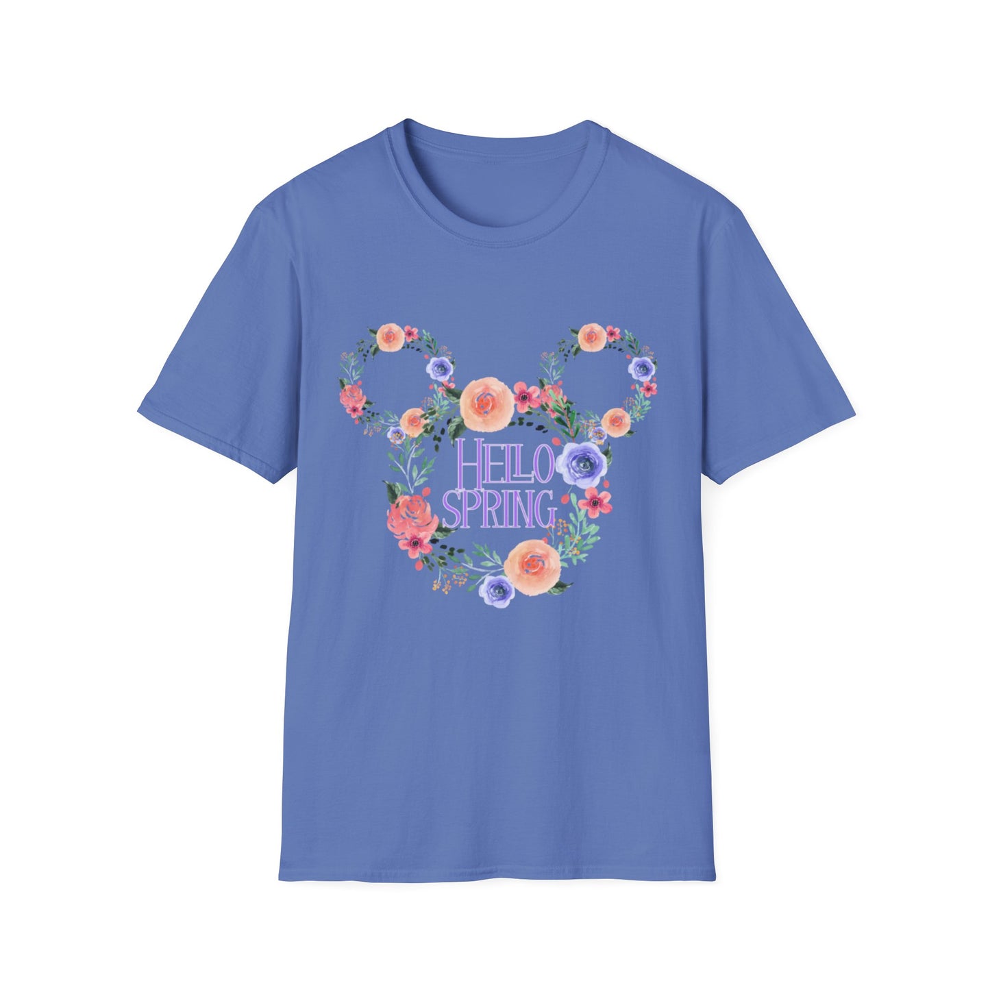 Hello Spring Unisex Softstyle T-Shirt, Mickey, Floral Graphic Shirt, Spring Outfit, Nature Lover Gift, Seasonal Wardrobe