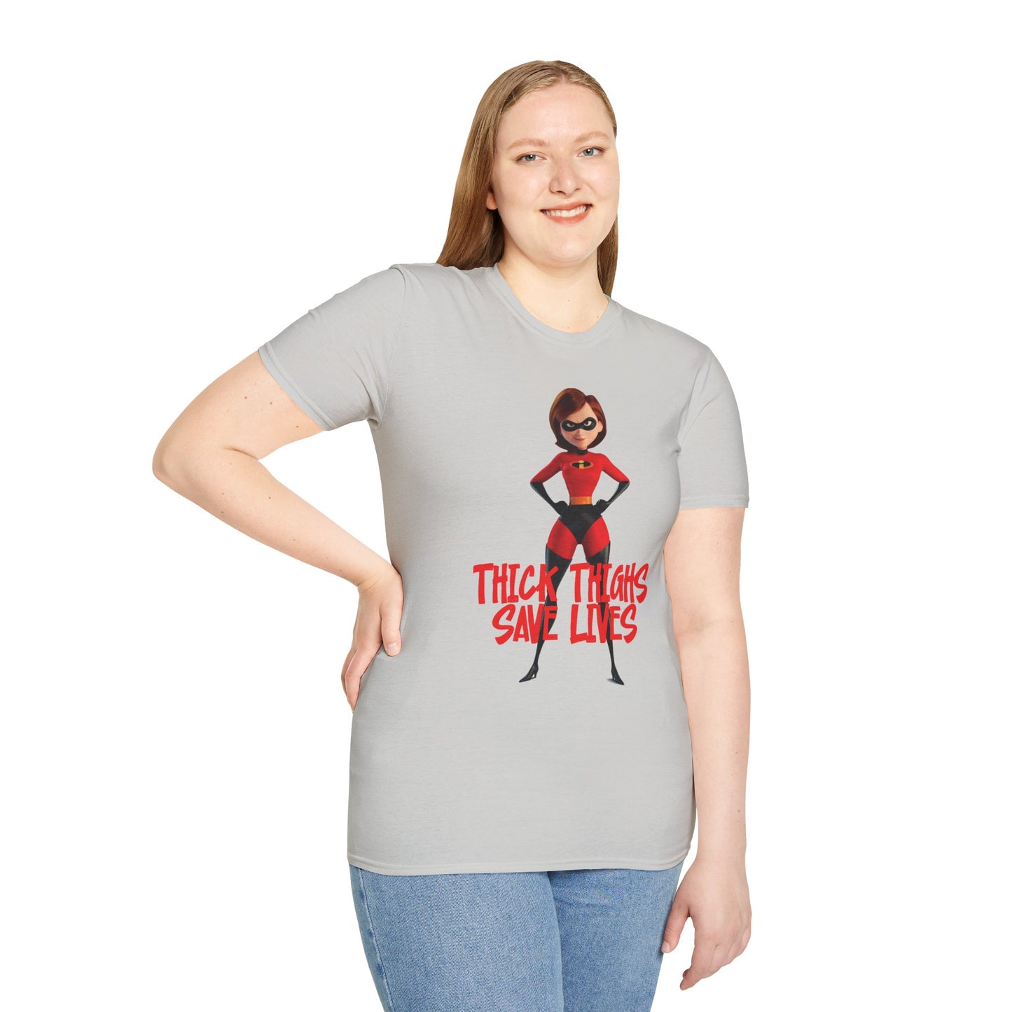 Thick Thighs Save Lives Funny Unisex T-Shirt - Gym Pump Cover Disney Mrs. Incredible Design