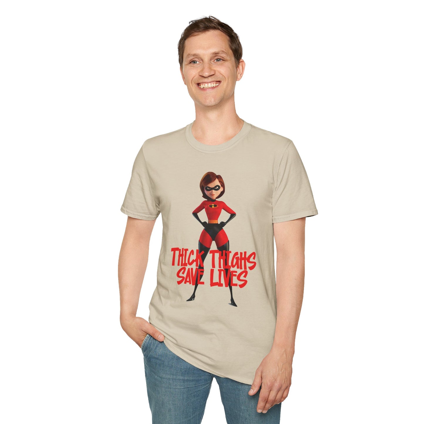 Thick Thighs Save Lives Funny Unisex T-Shirt - Gym Pump Cover Disney Mrs. Incredible Design