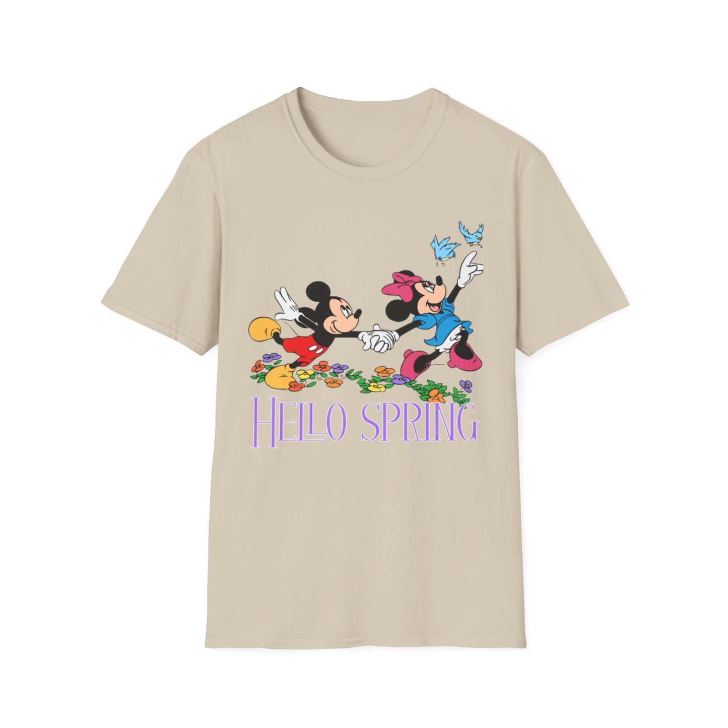 Hello Spring Unisex Softstyle T-Shirt, Mickey and Minnie, Floral Graphic Shirt, Spring Outfit, Nature Lover Gift, Seasonal Wardrobe