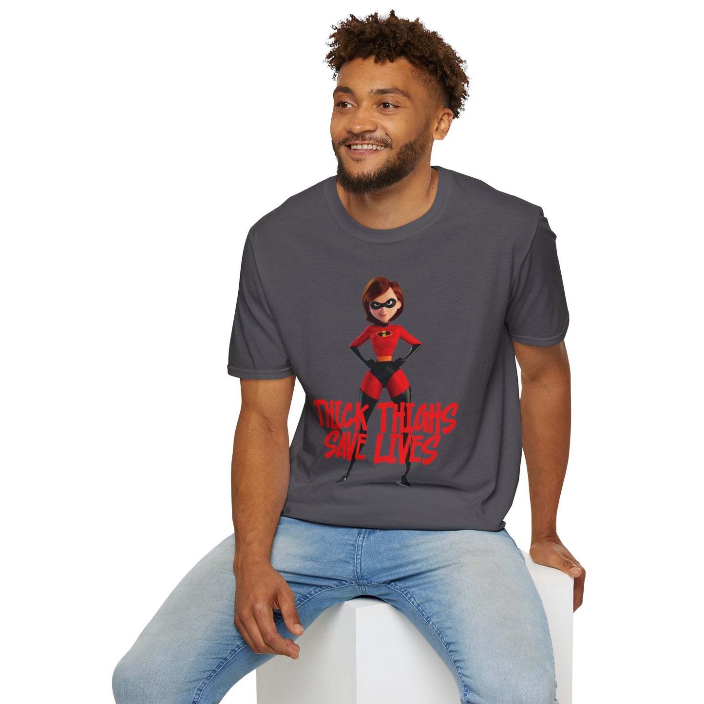 Thick Thighs Save Lives Funny Unisex T-Shirt - Gym Pump Cover Disney Mrs. Incredible Design