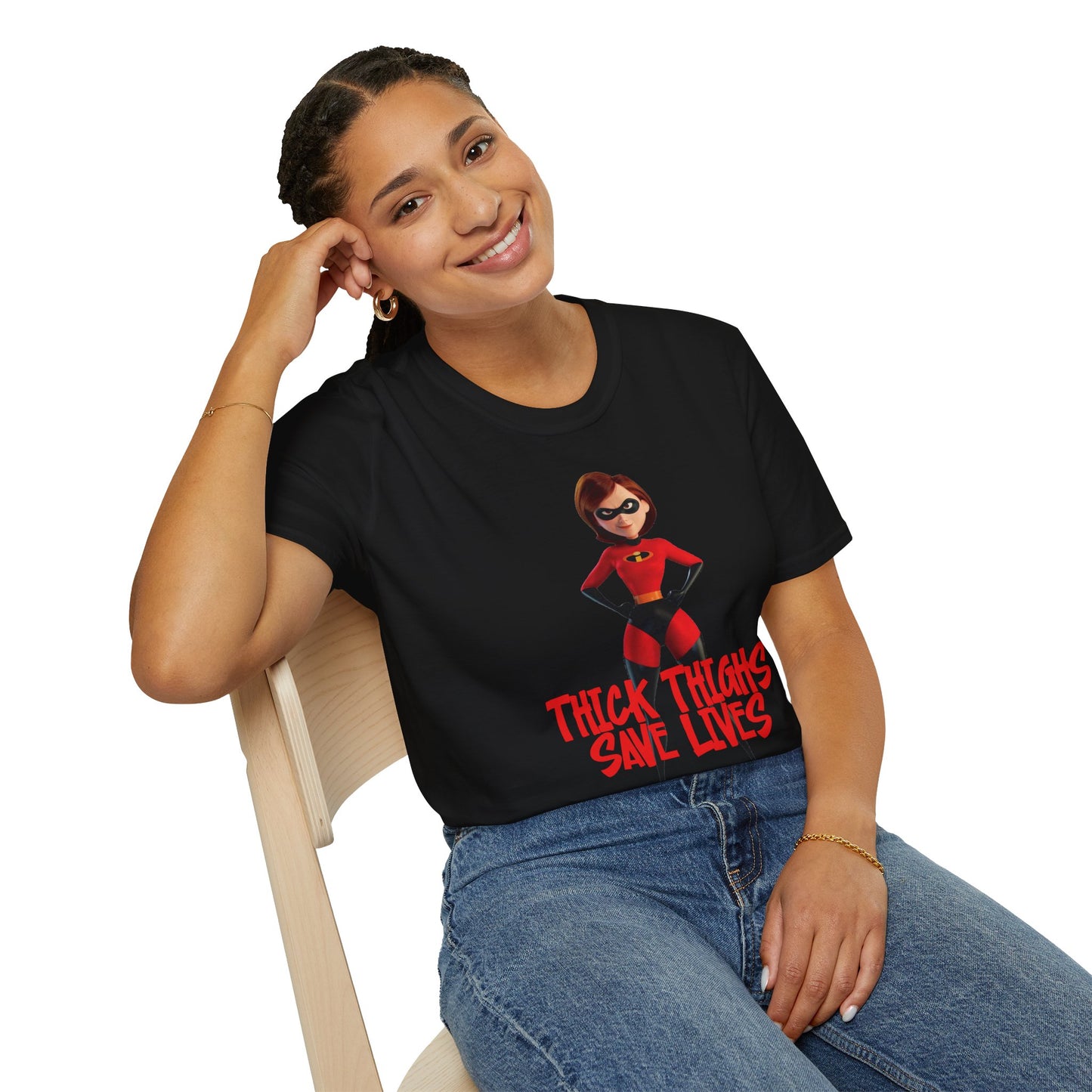 Thick Thighs Save Lives Funny Unisex T-Shirt - Gym Pump Cover Disney Mrs. Incredible Design