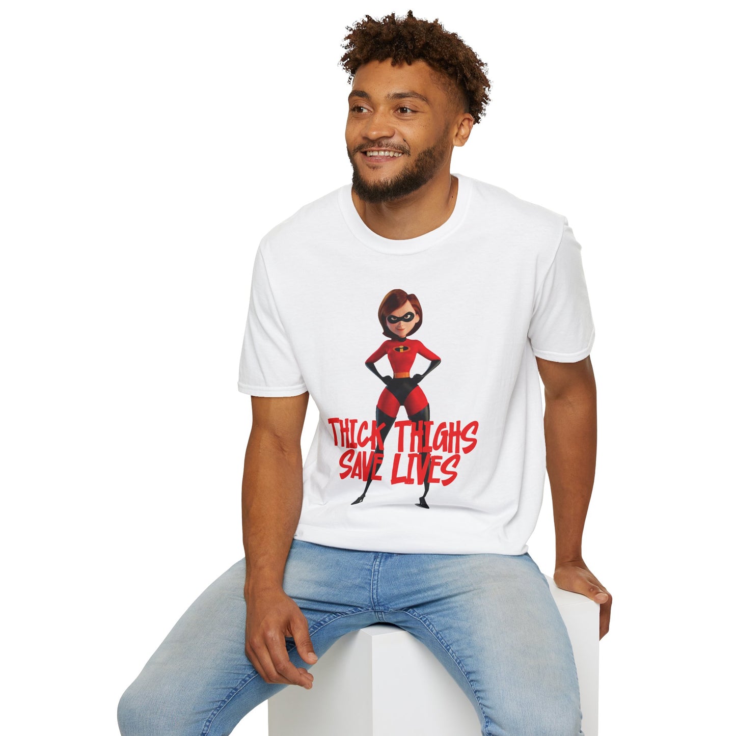 Thick Thighs Save Lives Funny Unisex T-Shirt - Gym Pump Cover Disney Mrs. Incredible Design