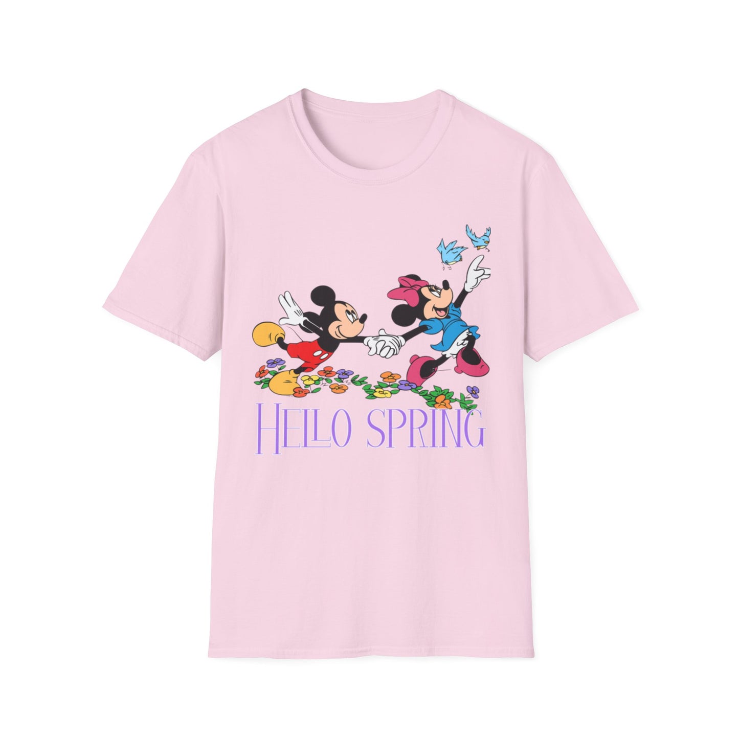 Hello Spring Unisex Softstyle T-Shirt, Mickey and Minnie, Floral Graphic Shirt, Spring Outfit, Nature Lover Gift, Seasonal Wardrobe