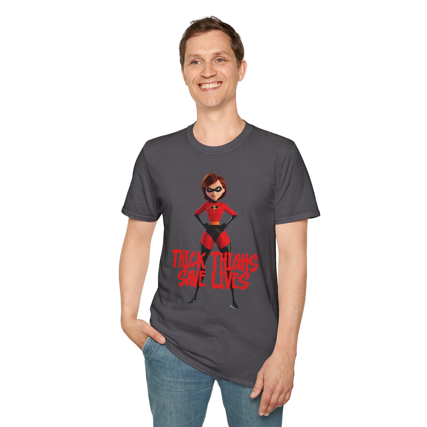 Thick Thighs Save Lives Funny Unisex T-Shirt - Gym Pump Cover Disney Mrs. Incredible Design