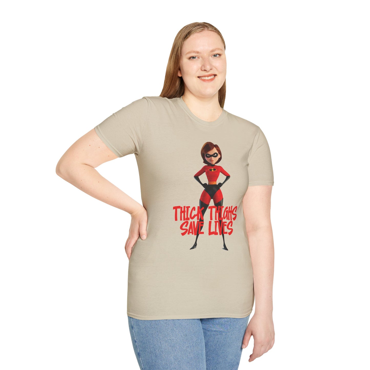 Thick Thighs Save Lives Funny Unisex T-Shirt - Gym Pump Cover Disney Mrs. Incredible Design