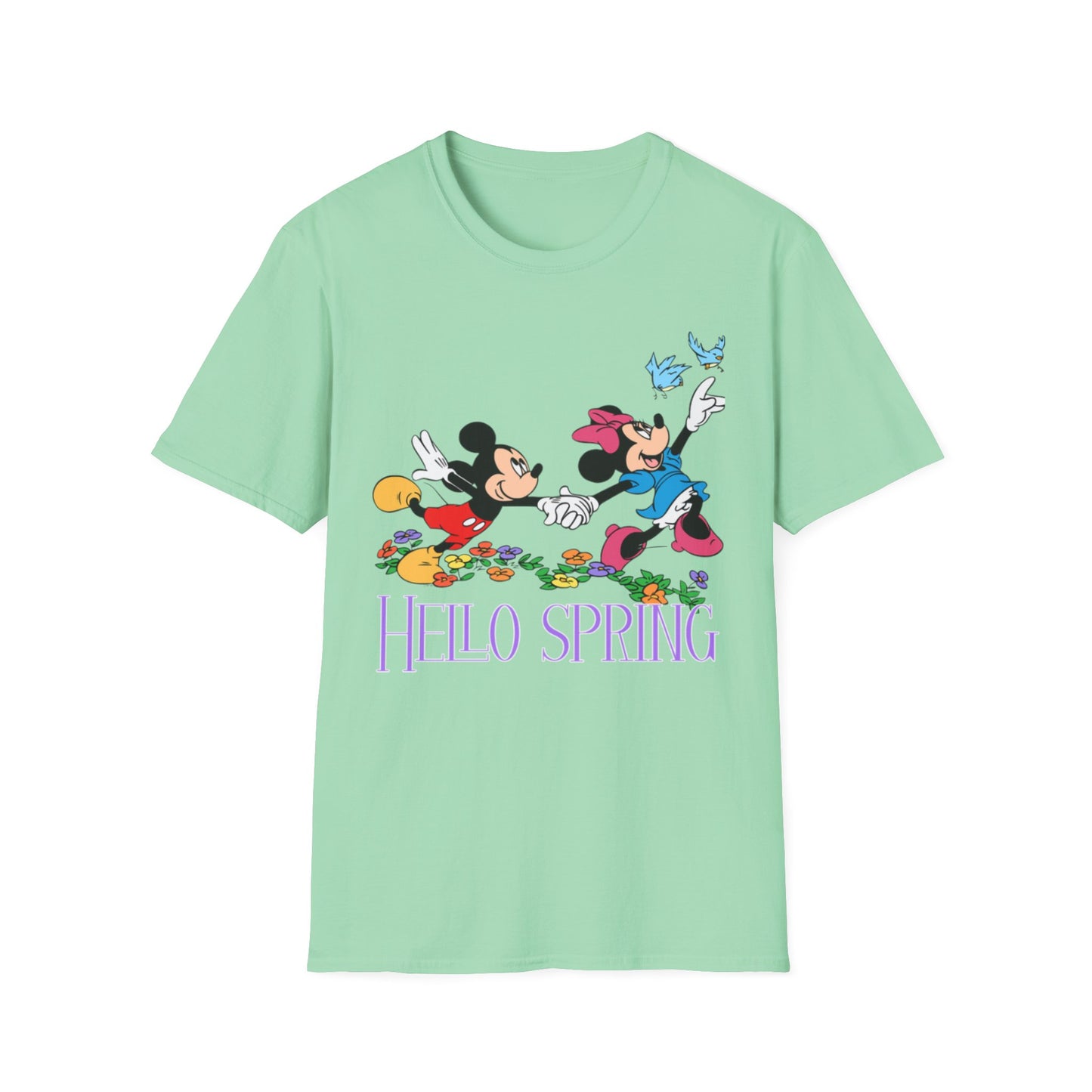 Hello Spring Unisex Softstyle T-Shirt, Mickey and Minnie, Floral Graphic Shirt, Spring Outfit, Nature Lover Gift, Seasonal Wardrobe