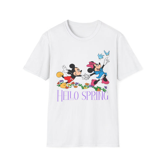 Hello Spring Unisex Softstyle T-Shirt, Mickey and Minnie, Floral Graphic Shirt, Spring Outfit, Nature Lover Gift, Seasonal Wardrobe
