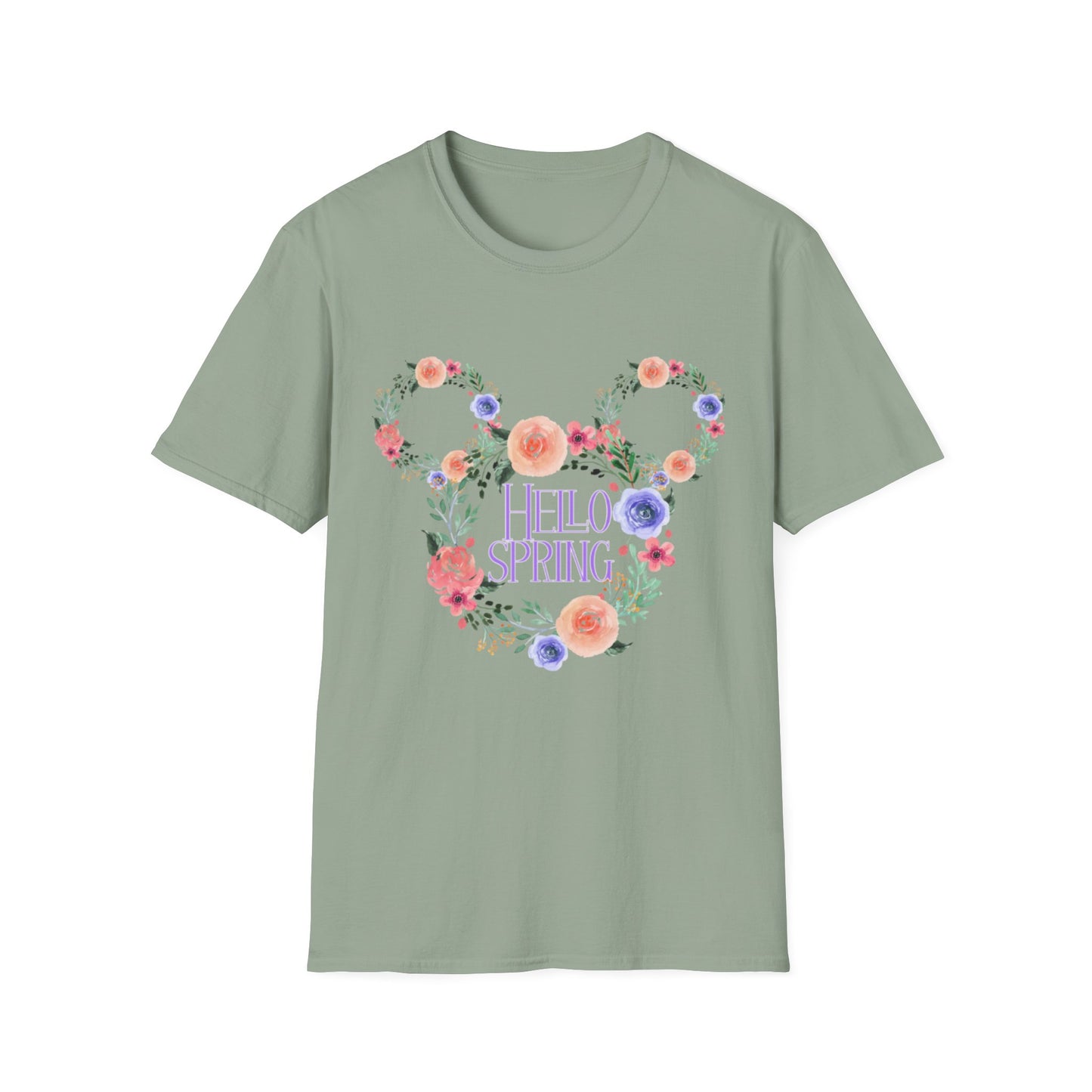 Hello Spring Unisex Softstyle T-Shirt, Mickey, Floral Graphic Shirt, Spring Outfit, Nature Lover Gift, Seasonal Wardrobe