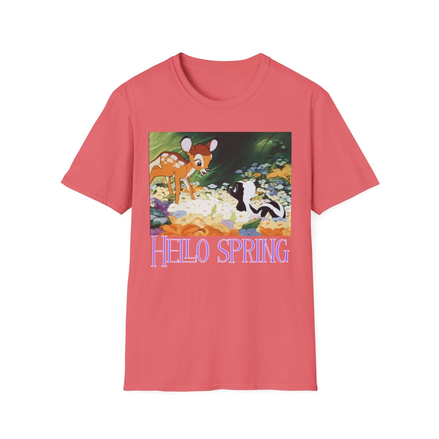 Hello Spring Unisex Softstyle T-Shirt, Cute Animal Tee, Floral Graphic Shirt, Spring Outfit, Nature Lover Gift, Seasonal Wardrobe