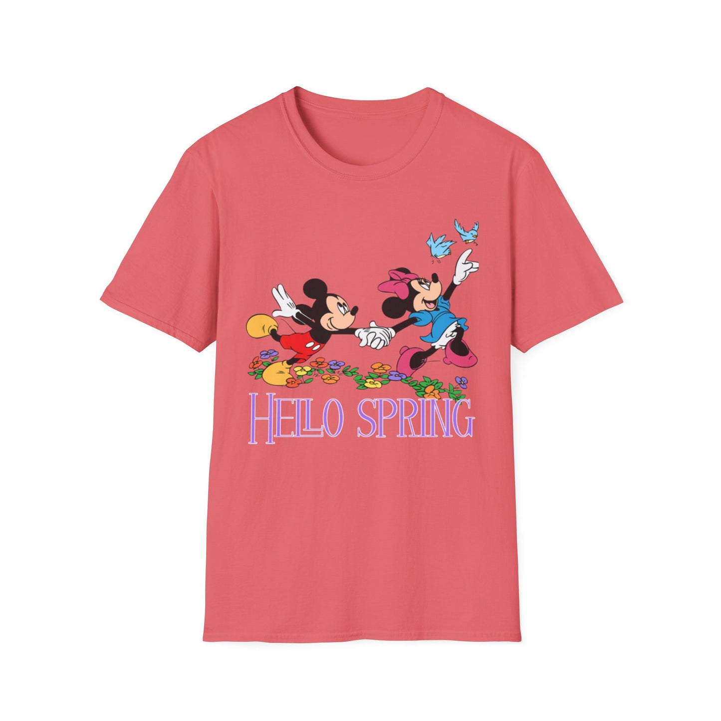 Hello Spring Unisex Softstyle T-Shirt, Mickey and Minnie, Floral Graphic Shirt, Spring Outfit, Nature Lover Gift, Seasonal Wardrobe