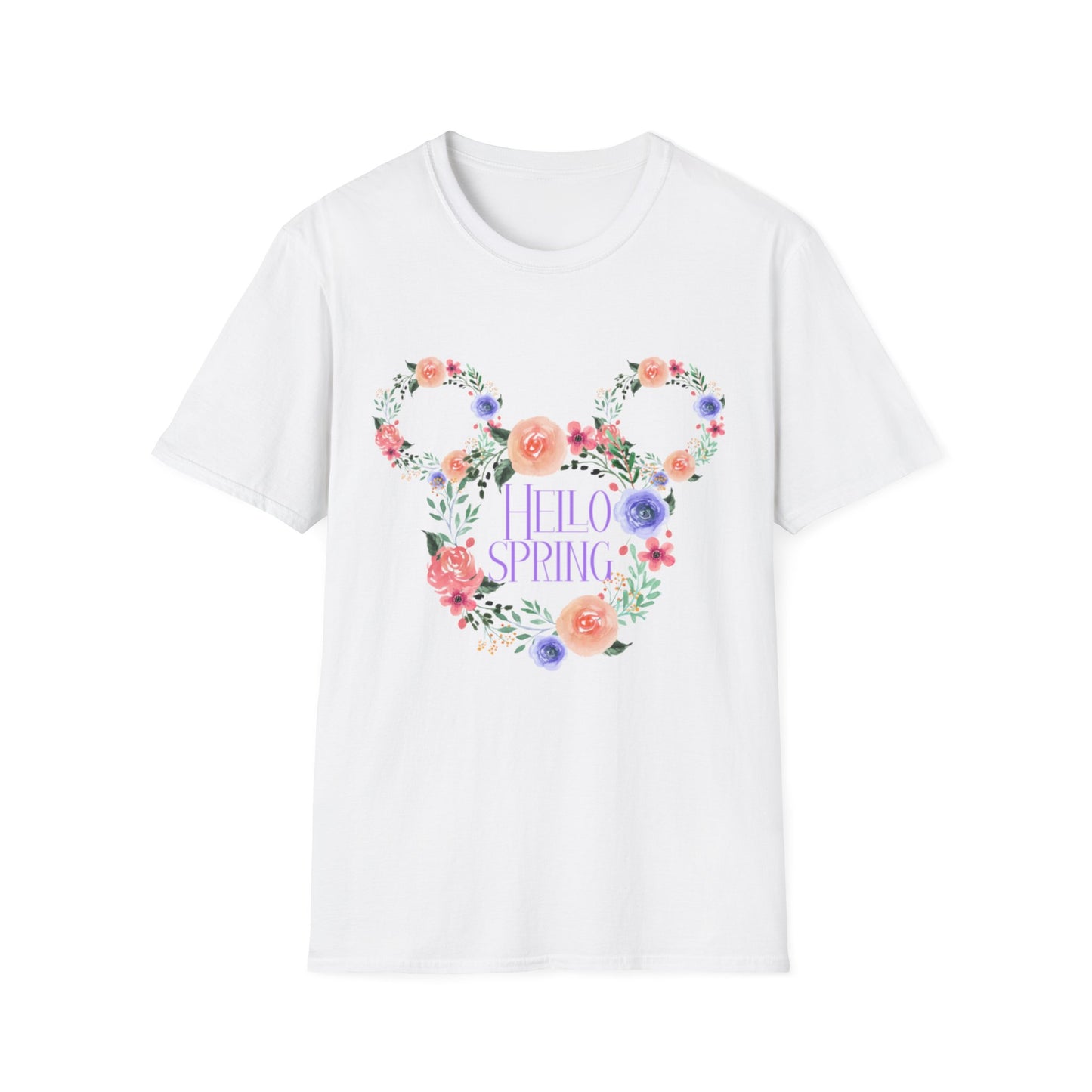 Hello Spring Unisex Softstyle T-Shirt, Mickey, Floral Graphic Shirt, Spring Outfit, Nature Lover Gift, Seasonal Wardrobe