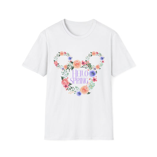Hello Spring Unisex Softstyle T-Shirt, Mickey, Floral Graphic Shirt, Spring Outfit, Nature Lover Gift, Seasonal Wardrobe