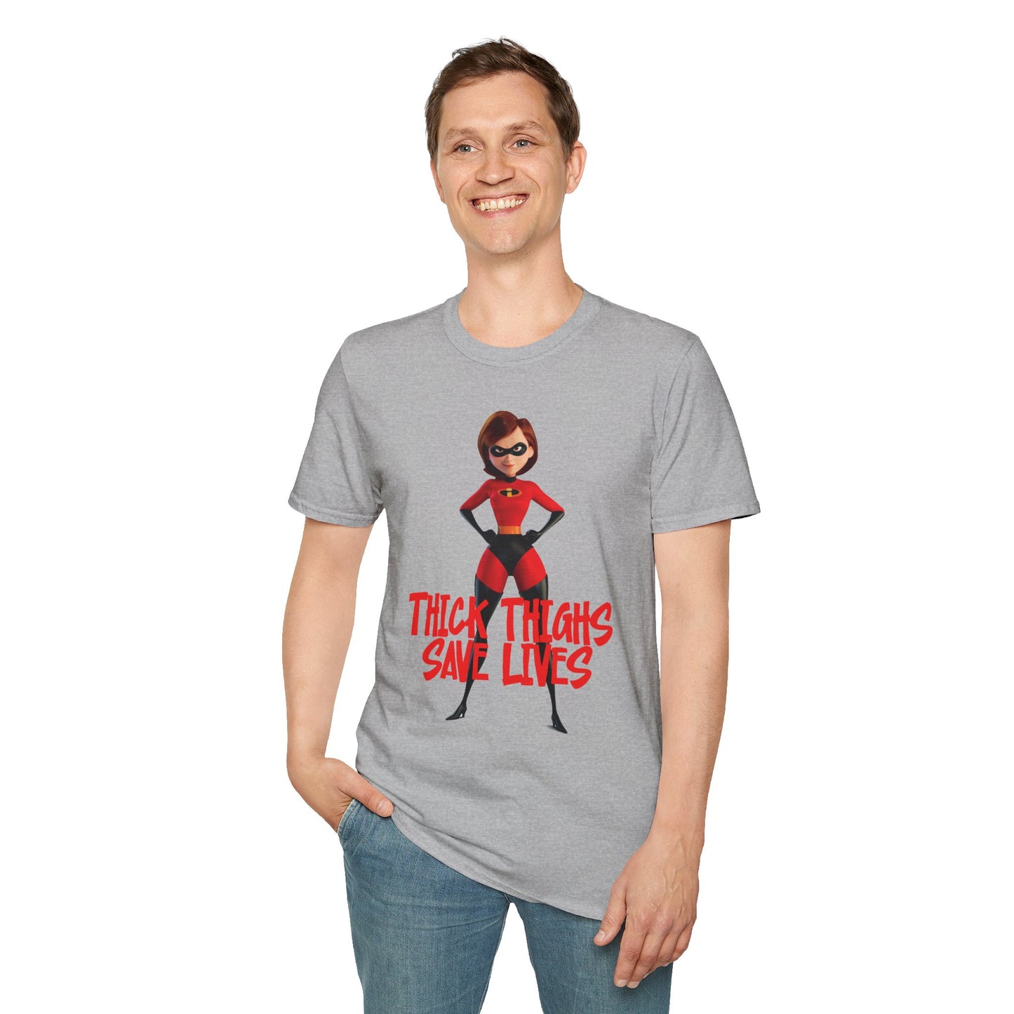 Thick Thighs Save Lives Funny Unisex T-Shirt - Gym Pump Cover Disney Mrs. Incredible Design