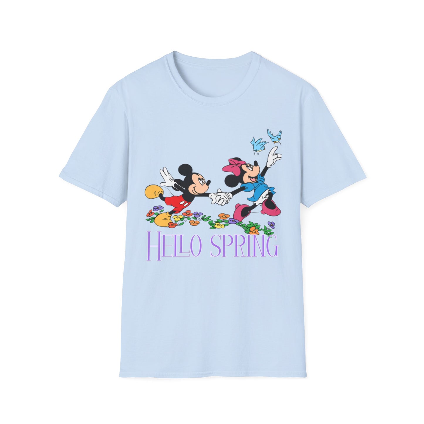 Hello Spring Unisex Softstyle T-Shirt, Mickey and Minnie, Floral Graphic Shirt, Spring Outfit, Nature Lover Gift, Seasonal Wardrobe