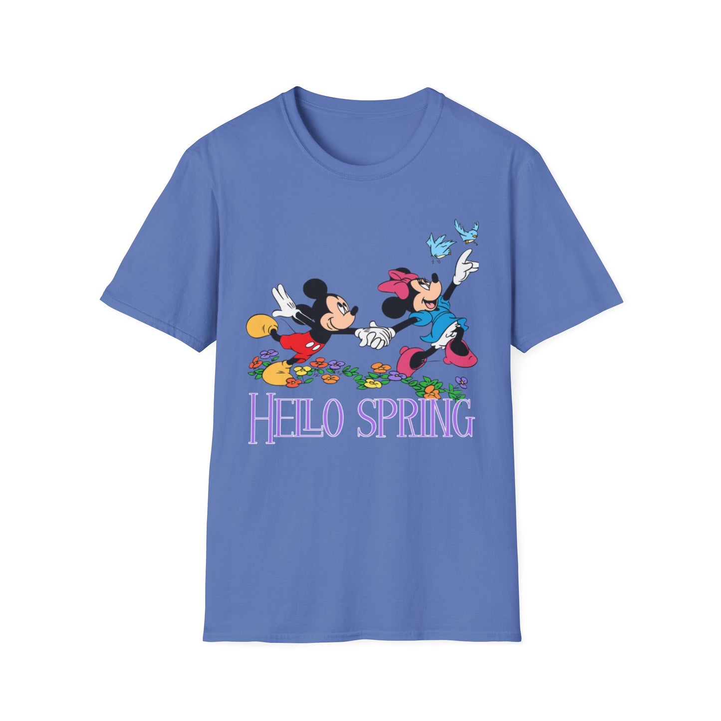 Hello Spring Unisex Softstyle T-Shirt, Mickey and Minnie, Floral Graphic Shirt, Spring Outfit, Nature Lover Gift, Seasonal Wardrobe