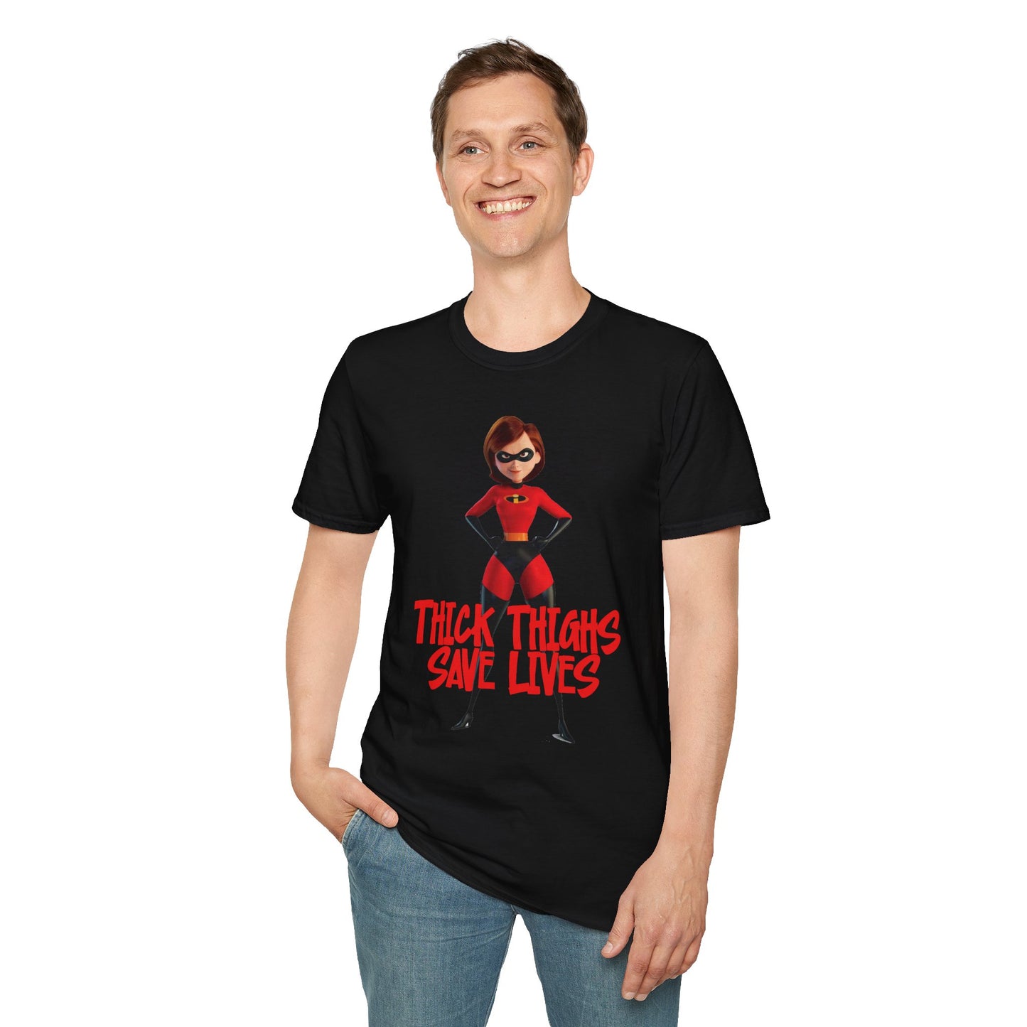 Thick Thighs Save Lives Funny Unisex T-Shirt - Gym Pump Cover Disney Mrs. Incredible Design