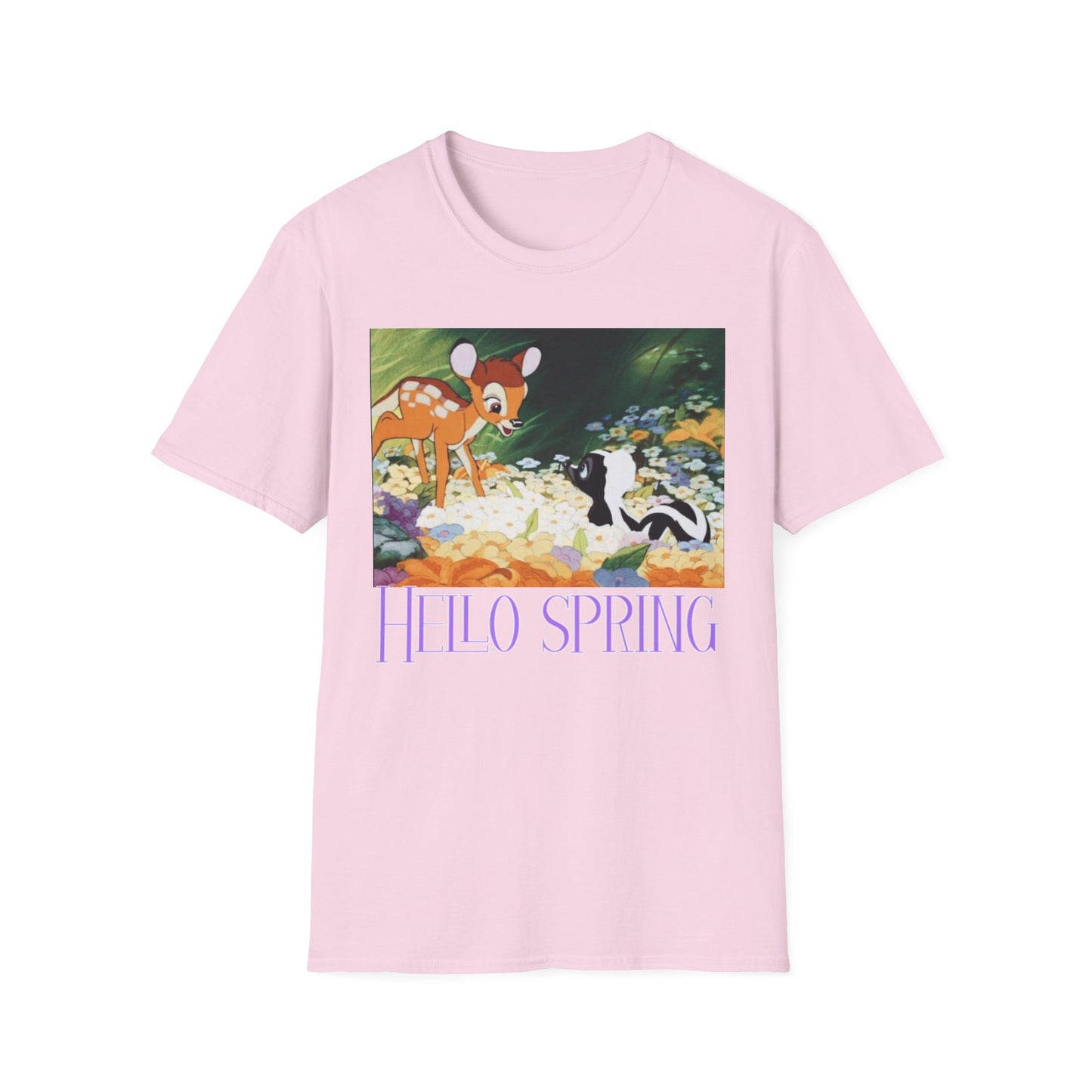 Hello Spring Unisex Softstyle T-Shirt, Cute Animal Tee, Floral Graphic Shirt, Spring Outfit, Nature Lover Gift, Seasonal Wardrobe