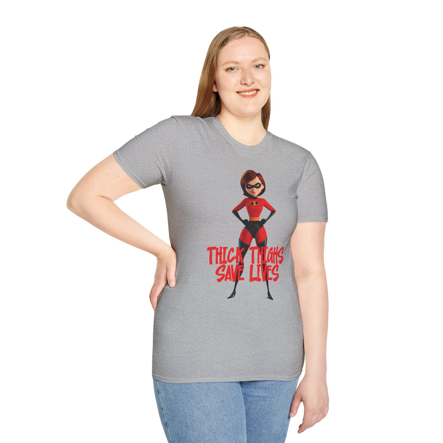 Thick Thighs Save Lives Funny Unisex T-Shirt - Gym Pump Cover Disney Mrs. Incredible Design