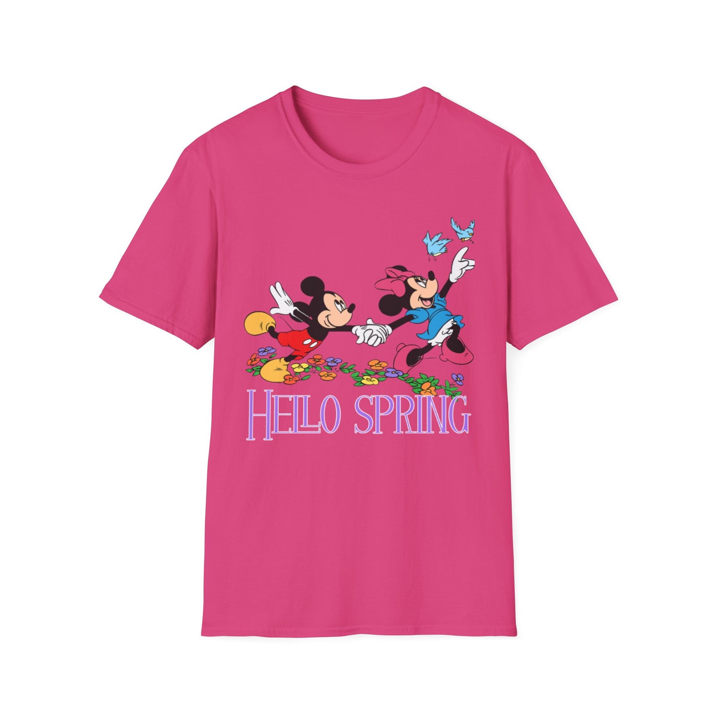 Hello Spring Unisex Softstyle T-Shirt, Mickey and Minnie, Floral Graphic Shirt, Spring Outfit, Nature Lover Gift, Seasonal Wardrobe