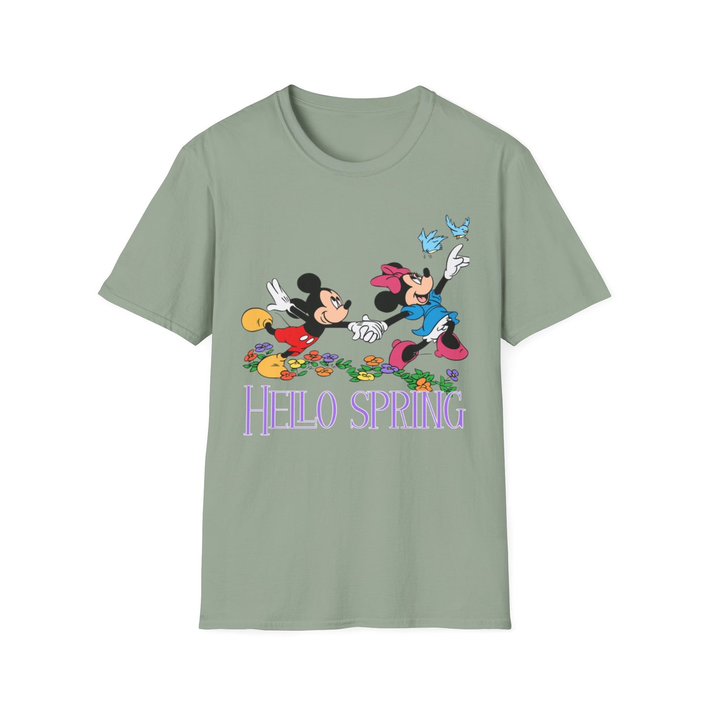 Hello Spring Unisex Softstyle T-Shirt, Mickey and Minnie, Floral Graphic Shirt, Spring Outfit, Nature Lover Gift, Seasonal Wardrobe