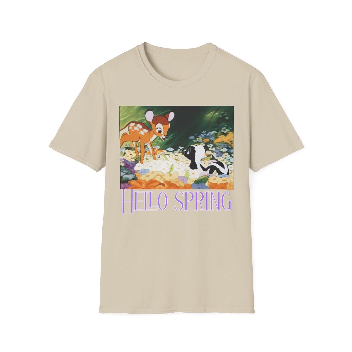 Hello Spring Unisex Softstyle T-Shirt, Cute Animal Tee, Floral Graphic Shirt, Spring Outfit, Nature Lover Gift, Seasonal Wardrobe